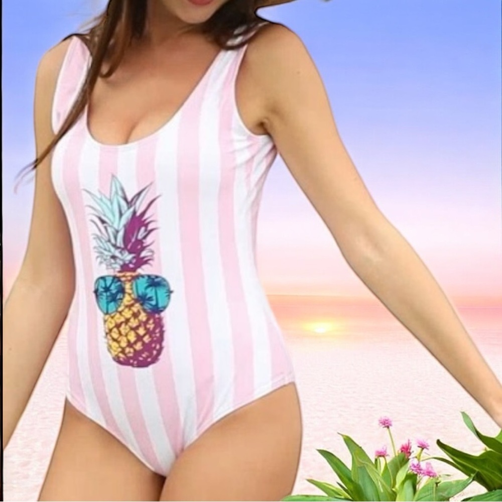 PATPAT  Womans Size XL Swimsuit One Piece Pineapple Pink Striped Padded Tropical